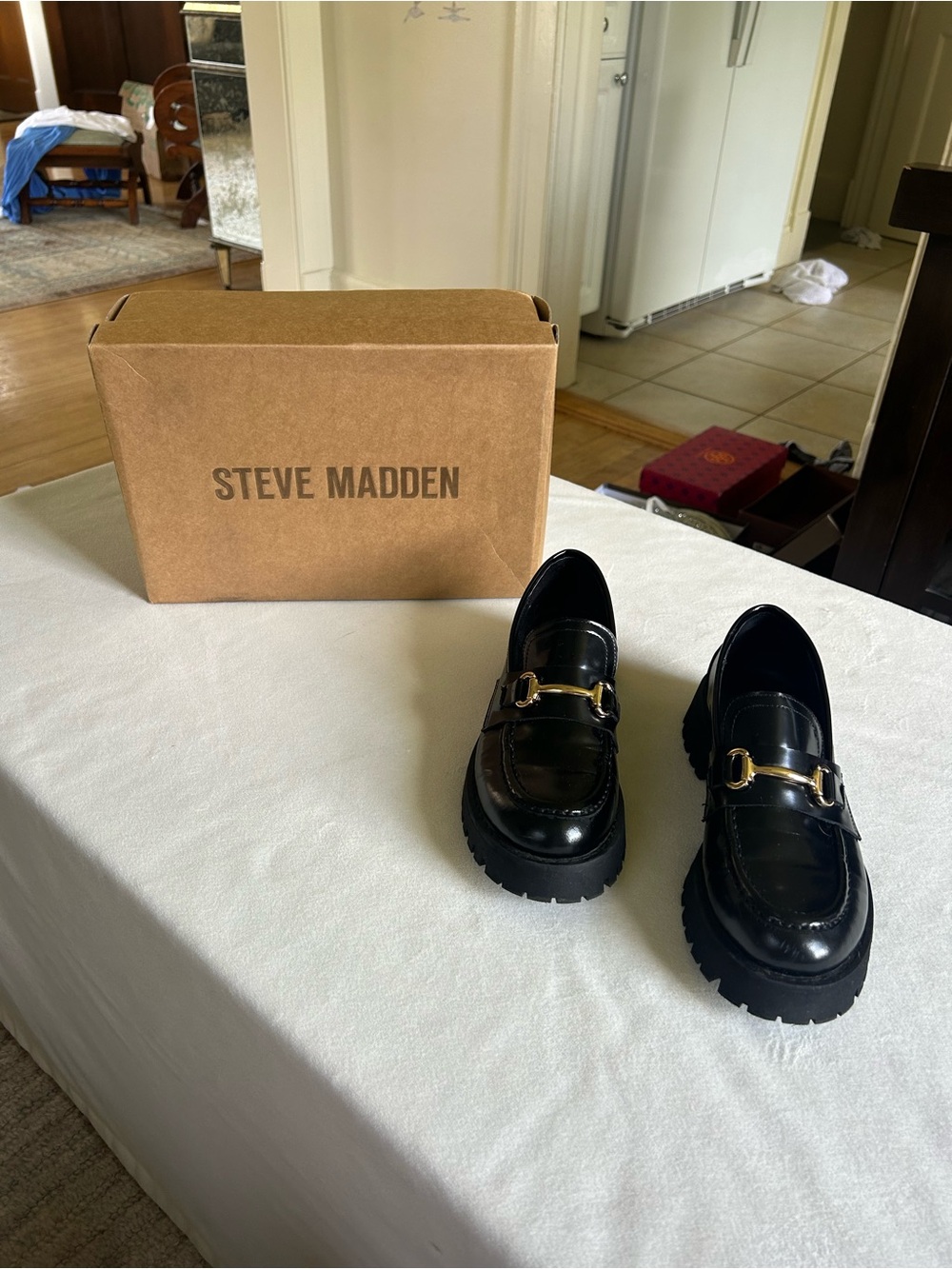 Steve Madden Black Leather Lug Sole Loafers with Gold Horsebit